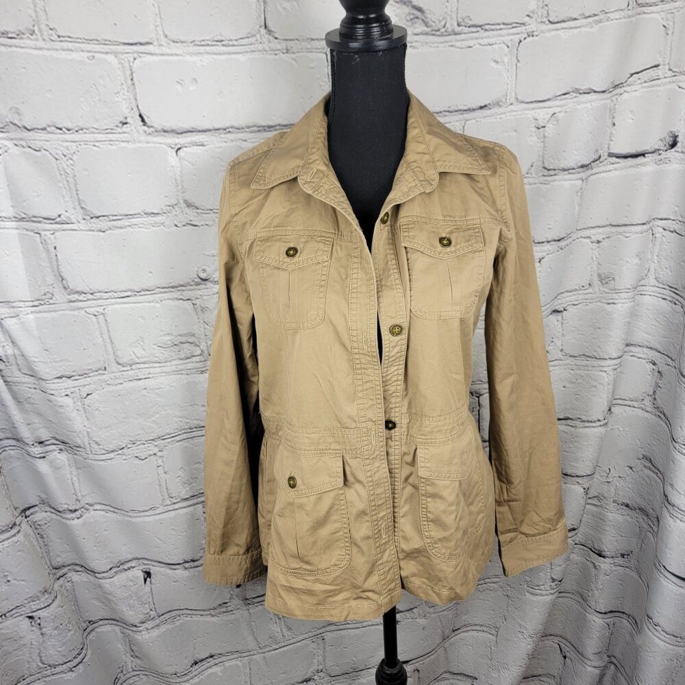 Chaps Womens M Jacket Tan Utility Safari Collared Buttons Pockets Lightweight